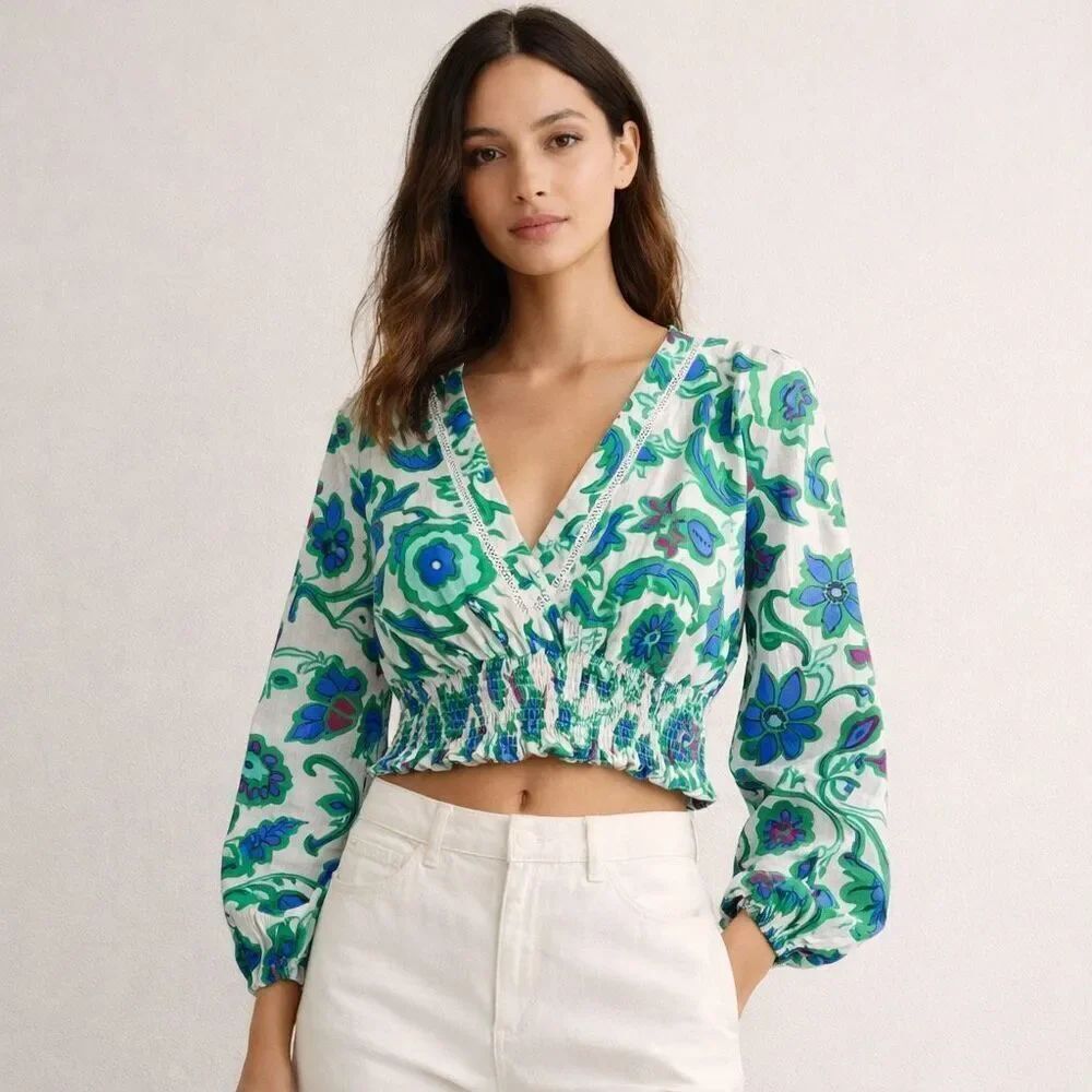 Zara Floral Linen Cropped Blouse Smocked Waist Medium